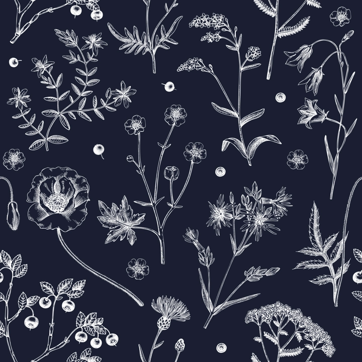 Summer background with flowers and berries. Wildflowers seamless pattern in sketch style. Herbs, meadows, flowering plants vector illustrations. Floral design in engraved style for textile or fabric